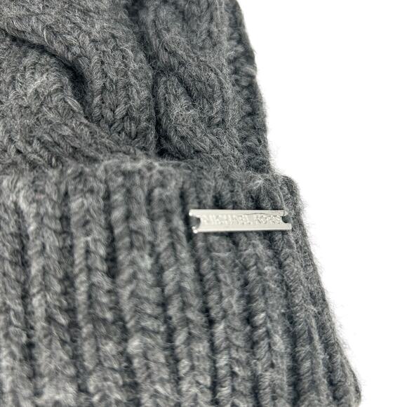 NWT Michael Kors Cable Kint Teddy Fleece Faux Fur Pom Pom Beanie Derby Grey NEW - Picture 3 of 6